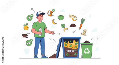 Composting Process Illustration: A Person Explaining Organic Waste Recycling Practice