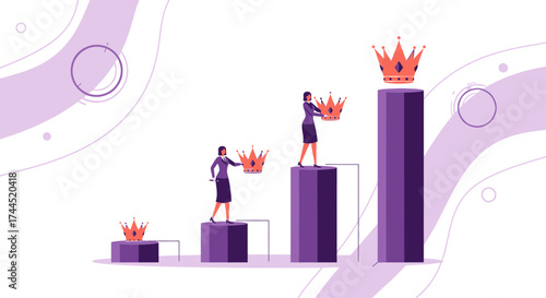 Conceptual Business Growth Depicted With Crowns Placed On Increasing Stages Of Elevation