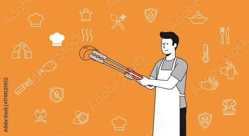 Cooking Professional Preparing Food Freshly, Holding Tongs Ready To Serve, Ready To Eat Concept