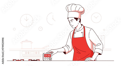 Cooking Time: A Chef Setting Timer in a Stylish Illustration for Culinary Themes