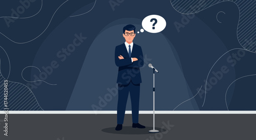 Conceptual illustration depicting a man on stage with a question mark above his head