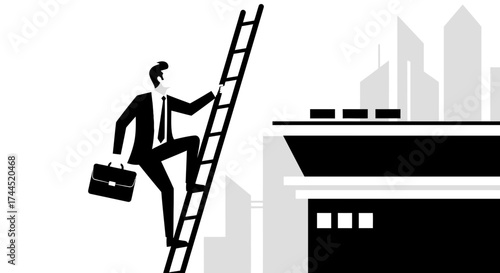 Conceptual illustration for Business with a businessman climbing upward on a ladder to success