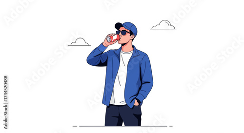 Cool Modern Man Drinking Beverage in Comfortable Outfit with Simple Background