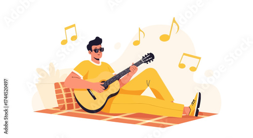 Cool Dude Playing Guitar Relaxed, Listening To Music While Lounging In The Park