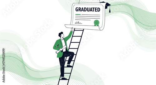 Conceptual illustration of a graduate reaching for their diploma after climbing a ladder