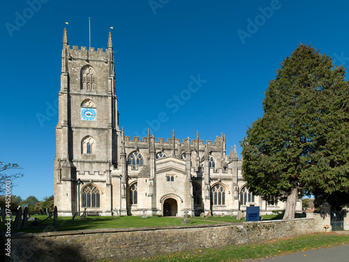 Saint Mary's Church Steeple Ashton.  Sunshine, wide angle, Pretty country church surrounded by fields