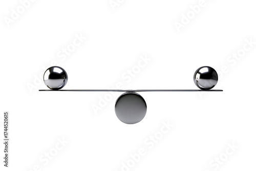 Two shiny metallic spheres balanced on a simple scale isolated on transparent background
