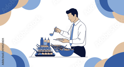 Corporate Luncheon: A Gentleman Serving Himself From A Buffet Spread With Gourmet Cuisine