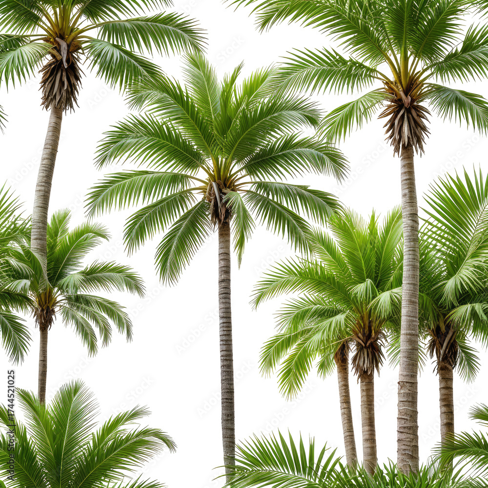 Fototapeta premium Lush tropical scene of various palm trees, dark background