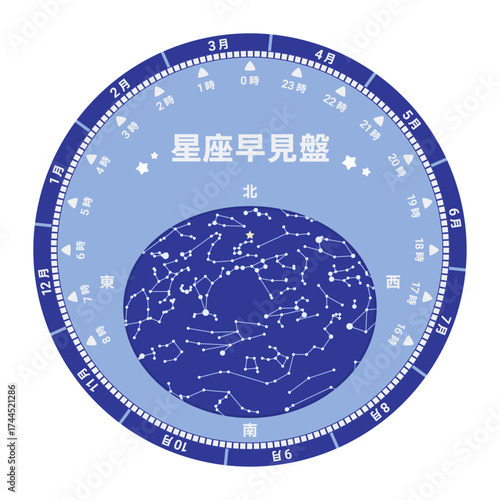 日本の春から初夏を表した星座早見盤のイラスト素材_3月下旬0時