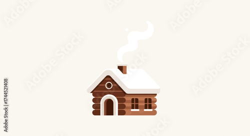 Charming minimalist illustration of a snow-covered cabin emitting smoke