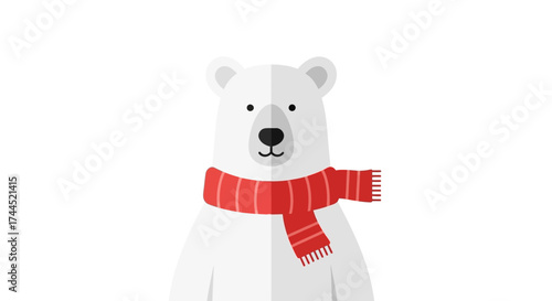 Charming polar bear illustration wearing a red scarf on white background