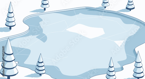 Charming vector illustration of a serene frozen lake in winter scenery