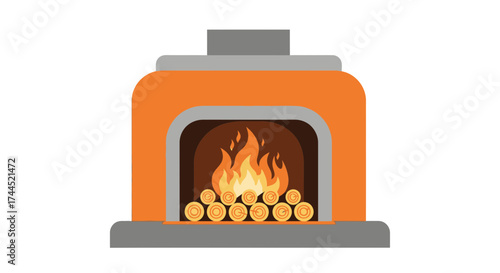 Cozy burning fireplace with orange brick and stacked firewood logs