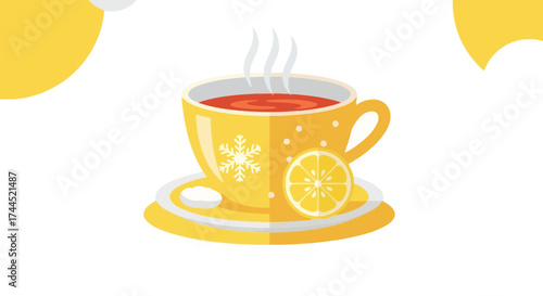 Cozy winter beverage illustration with lemon slice and snowflake design