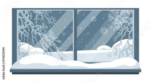 Cozy winter scene viewed through a window, soft light and peaceful atmosphere