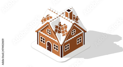 Festive isometric gingerbread house with snow-covered roof illustration