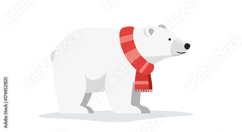 Illustrative polar bear adorned with vibrant red scarf on white backdrop