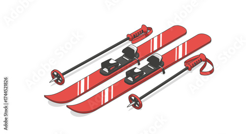 Illustrative red skis with poles arranged on pristine white background