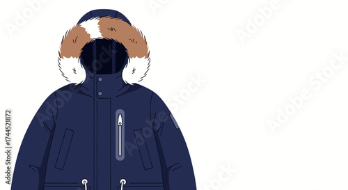 Isolated winter parka jacket with fur hood on white background