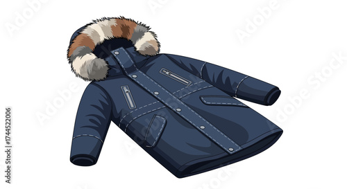 Modern winter jacket illustration with fur hood for cold season apparel