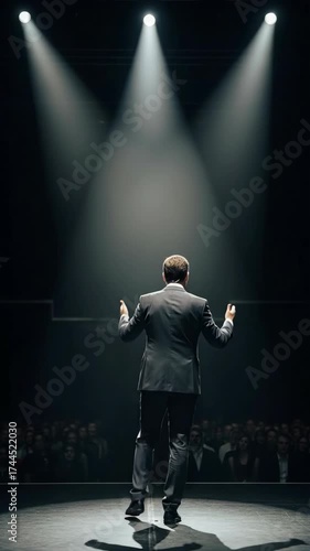 Wallpaper Mural Vertical video a male speaker on stage under dramatic spotlights, addressing a large audience. For corporate intros, leadership training clips, motivational content & speaker promos on social media. Torontodigital.ca