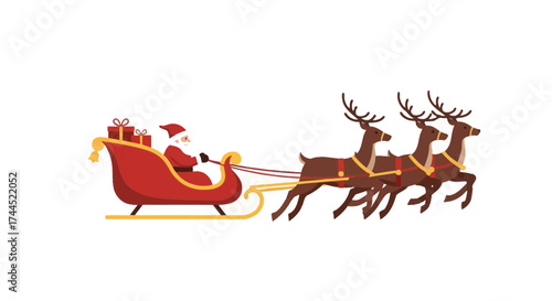 Santa Claus delivers gifts on a sleigh pulled by reindeer for Christmas eve