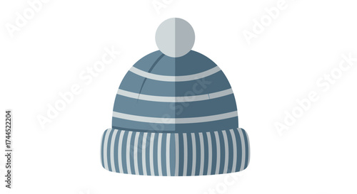 Stylized flat illustration of a blue striped winter hat with pompom