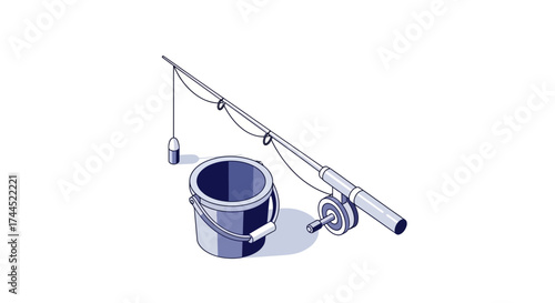 Stylized isometric fishing rod and bucket illustration in cool monochrome