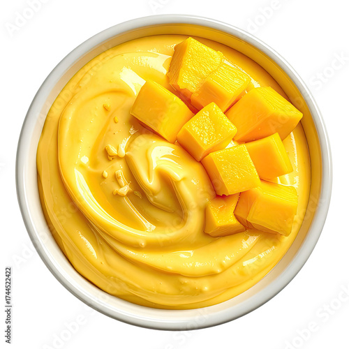 Creamy mango dessert in a white bowl, topped with fresh, diced mango