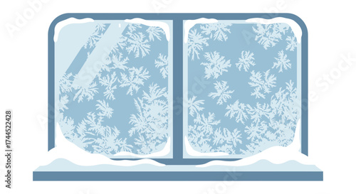 Winter window scene with ice crystal patterns and snow accumulation