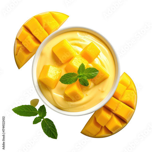 Creamy mango dessert with fresh mint garnish and chopped fruit on a black background