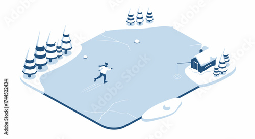 Winter pond with skater and ice fishing hut, illustration, minimalist style