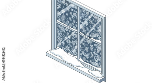 Winter window scene with snow and snowflake pattern covering the glass