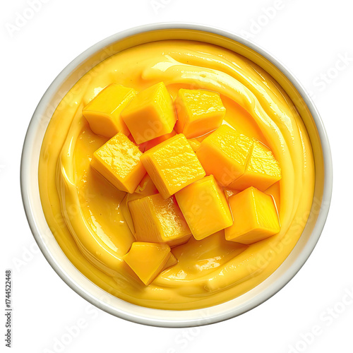 Creamy mango dessert bowl, diced fruit pieces. Yellow, delicious treat