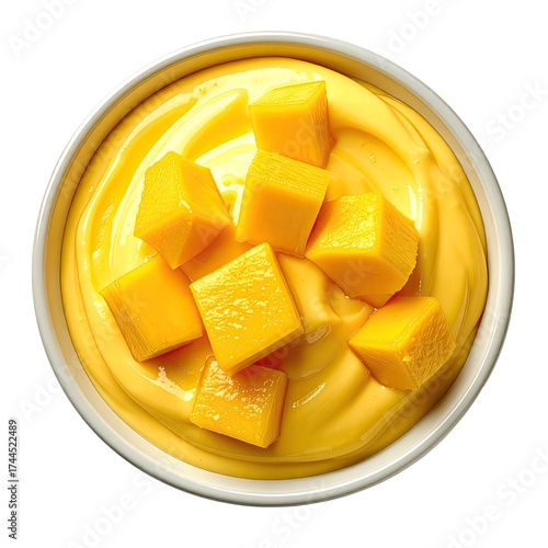 Creamy mango dessert with cubed fruit topping in a white bowl, isolated on black