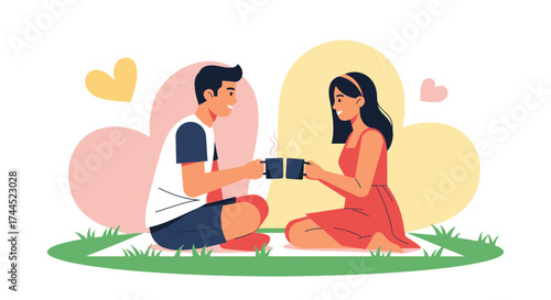 Couple Enjoying A Picnic Date Together With Coffee Cups On A Sunny Day