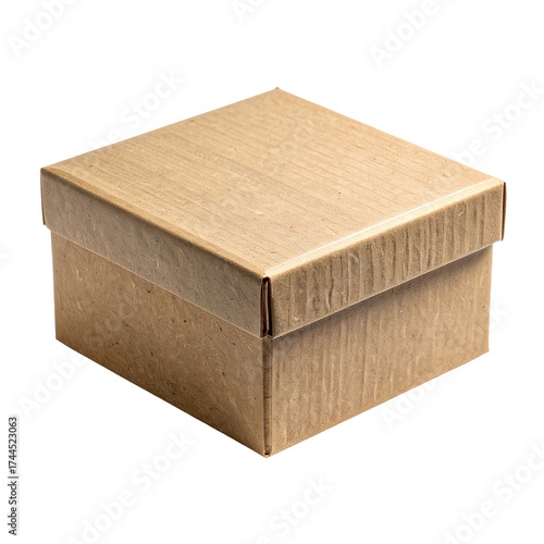 A simple, square, brown corrugated cardboard box with a closed lid, isolated on black