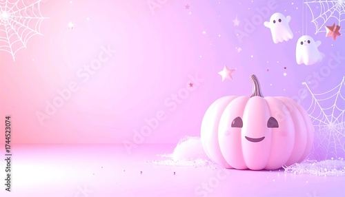Dreamy pastel pink kawaii Halloween background with cute pumpkin and sparkling stars
