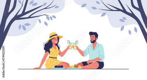 Couple enjoying a picnic under a tree, celebrating with drinks in summer