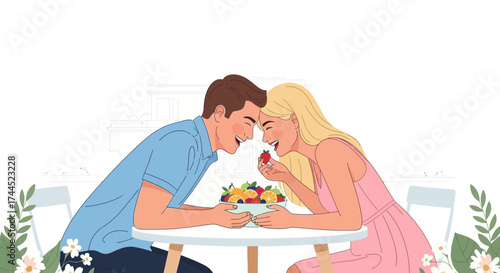 Couple Laughing While Sharing Fruit Freshness and Joy During Romantic Meal Together
