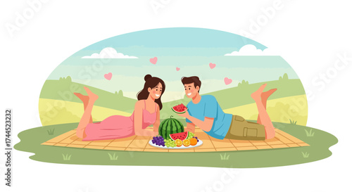 Couple Enjoying A Summertime Picnic On A Blanket With Fruits And Hearts Displayed