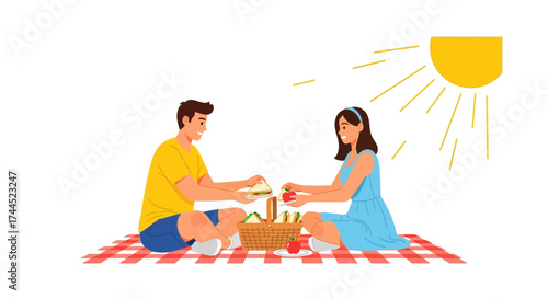 Couple Enjoying A Sunny Picnic, Sharing Moments And Enjoying Delicious Food Outdoors