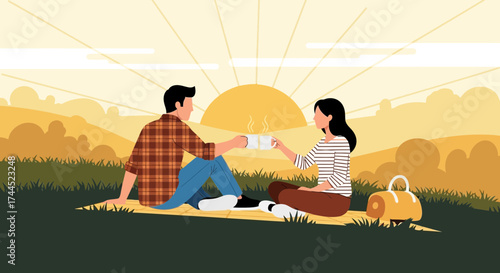 Couple Enjoying Beverage Outdoors During Sunset, Sharing a Moment of Peace and Togetherness