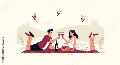 Couple Enjoying Beverage Outside Celebrating Together Romantic Date Picnic Relaxing