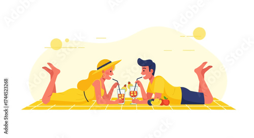 Couple Enjoying Beverages Together On A Sunny Day With Animated Vector Illustrations