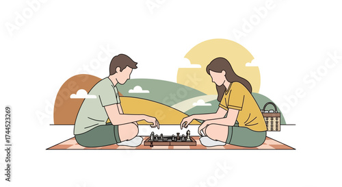 Couple Playing Chess Outdoors on a Picnic Blanket with a Beautiful Backdrop