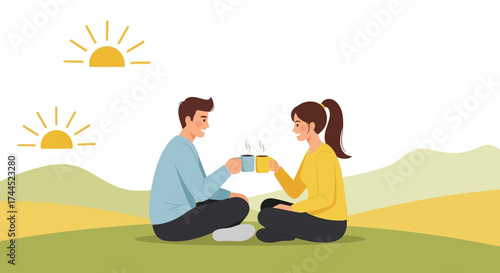 Couple Enjoying Coffee Outdoors While Watching The Sunrise, Colorful Illustration