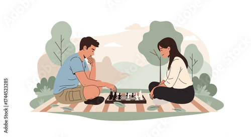 Couple Enjoying Chess Game Together, Casual Outdoor Activity, Leisure Time Entertainment