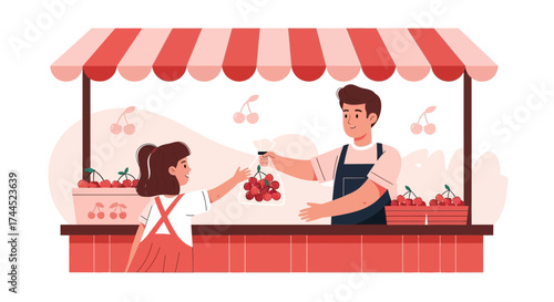 Customer Purchasing Fresh Cherries From A Vendor At The Farmers Market Scene